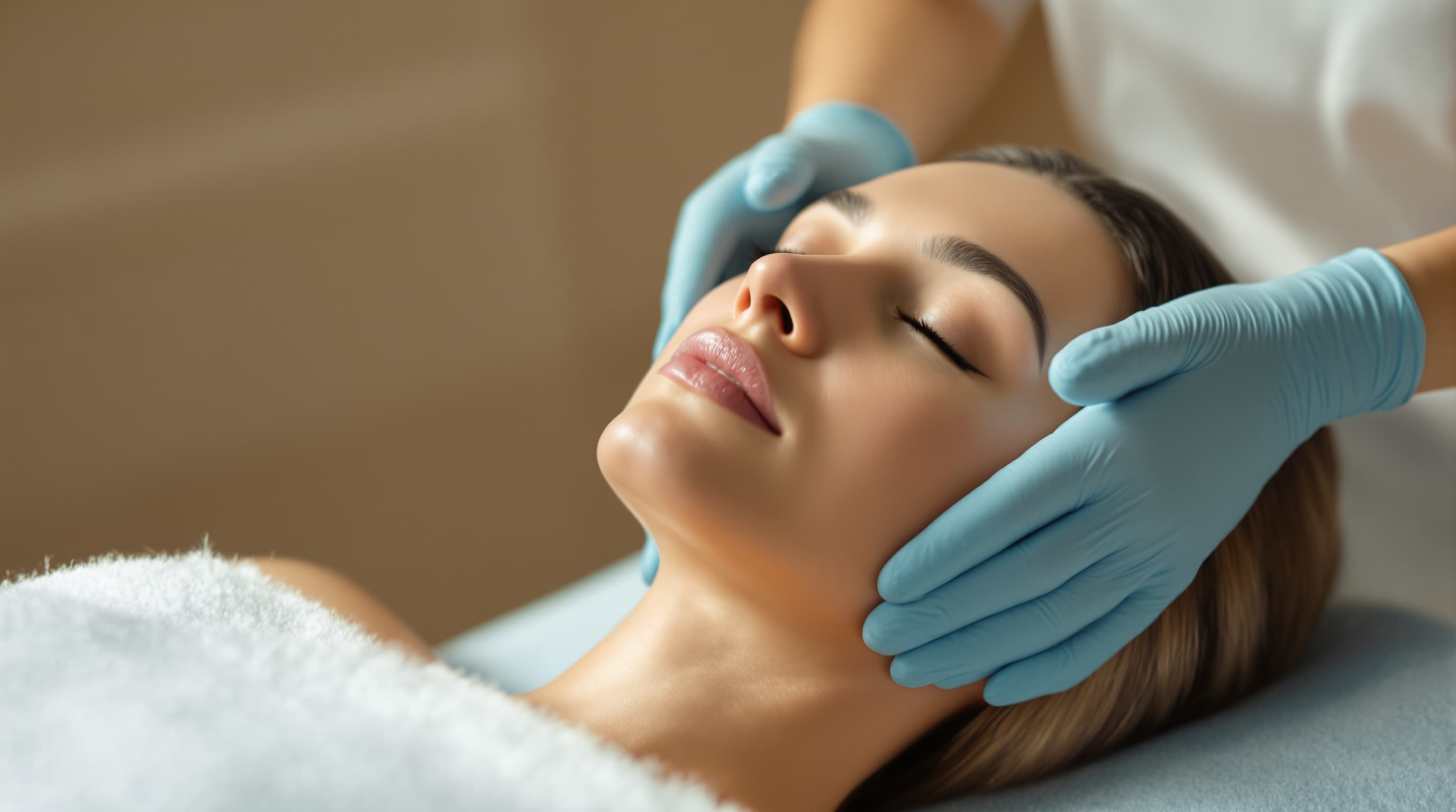 Mujer recibiendo un tratamiento facial de lujo en un spa minimalista de Zarel.